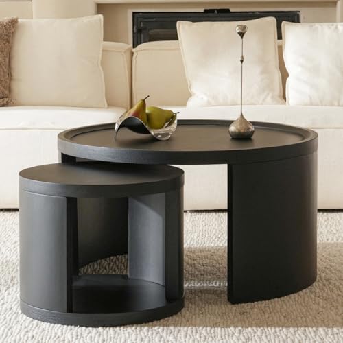 Round Nesting Coffee Table Set of 2, 31.5 and 18 in, Black | Round coffee table set, nesting tables for living room, use separately, space-saving design - color: Black