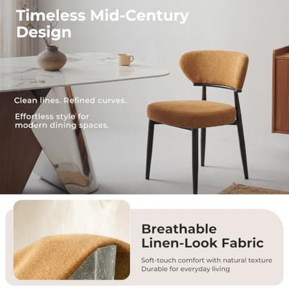 Dining Chairs Set of 6, Modern Upholstered Fabric Dining Chairs | Thick Cushioned Seat & Curved Back, Polyester Fabric, Sturdy Black Metal Legs for Kitchen & Living Room, Brownish yellow - color: Brownish Yellow, size: Set of 6
