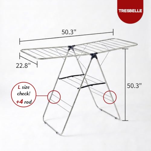 TRESBELLE Stainless Steel Clothes Drying Rack,Foldable Laundry Dryer,Size Ｌ | Space-Saving Clothes Airer, Indoor & Outdoor Use, Height-Adjustable Wings, Collapsible Garment Laundry Drying Stand - size: Large
