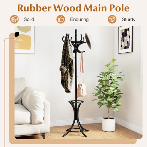 Giantex Solid Wood Coat Rack, Freestanding Hall Tree w/12 Hooks, Umbrella Holder, Entryway Hanger Stand for Coat, Hats, Scarves, Bags, Wooden Garment Rack for Bedroom, Hallway (Black) - color: Black