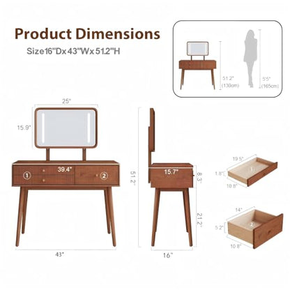 Wood Makeup Vanity,Makeup Vanity Desk with Lights,3 Color Modes & Adjustable Brightness,midcentury Modern Vanity,Walnut - size: Wood Vanity with Mirror Light
