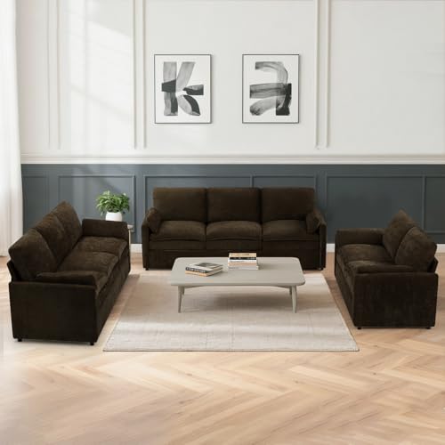 3 Pieces Chenille Sofa Set w/Two Arm Pillows, Brown | Upholstered Loveseat & 2 Pieces 3-Seater Sofa w/Soft Cushions, Modern 2-Seat & 3-Seat w/High-Density Foam for Living Room - color: Brown, size: 69" & 89" & 89" Sofa Set