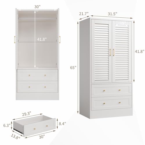 65" White Wooden Storage Cabinet, Freestanding Storage Cabinet with 2 Doors, 2 Drawers & Hanging Rod for Bedroom, Cloakroom, Laundry Room & Entrance Hall, White