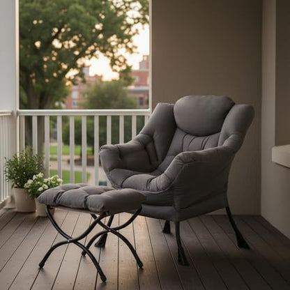 Lazy Chair with Ottoman, Comfy Reading Accent Chair, Dark Grey | Foldable Footrest, Padded Seat and Backrest, Side Pocket for Lounging in Living Rooms, Bedrooms, Dorms and Small Spaces - color: Dark Grey