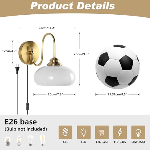 KCO Lighting Antique Brass Wall Sconce Goose Neck Wall Sconce Plug in Wall Lights with Cord Milk Glass Wall Mounted Light Fixture for Bedroom - color: White