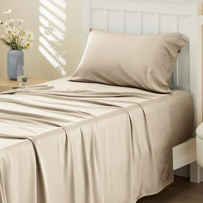 Bedsure PureWoven 100% Rayon Derived from Bamboo, Twin Bed Sheets, 3 Pieces | Cooling Sheets for Hot Sleepers, Breathable & Silky Soft, 16" Deep Pocket, Hotel Luxury Bedding, Beige - color: 03 - Beige, size: Twin