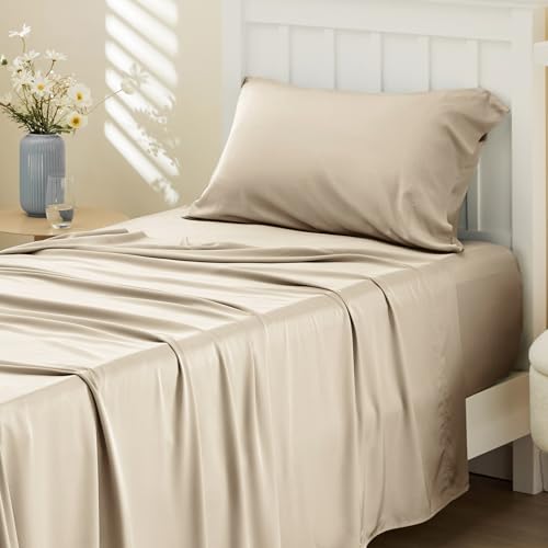 Bedsure PureWoven 100% Rayon Derived from Bamboo, Twin Bed Sheets, 3 Pieces | Cooling Sheets for Hot Sleepers, Breathable & Silky Soft, 16" Deep Pocket, Hotel Luxury Bedding, Beige - color: 03 - Beige, size: Twin