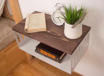 Floating Nightstand with White Metal Base, Wooden Top and Sturdy Metal Base, Minimalist Bedside Table, Wall Mounted Shelf, Bedside Shelf (London) - color: London