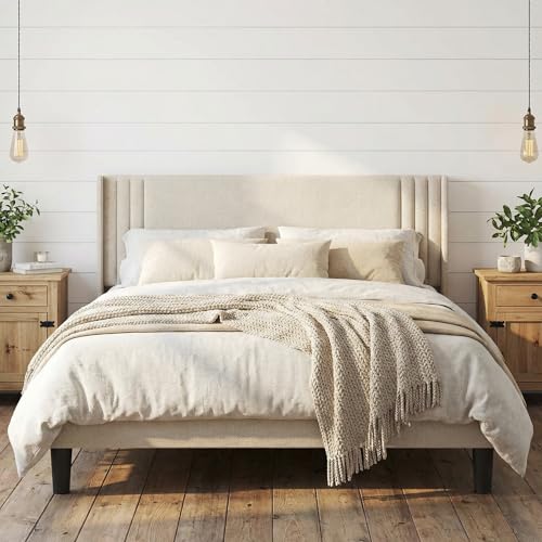 Gizoon Queen Bed Frame with Wingback Headboard, Upholstered Platform Bed | Bed Frame with Padded Headboard,Wooden Slats, Noise-Free, No Box Spring Needed, Easy Assembly,Beige - color: Beige, size: Queen