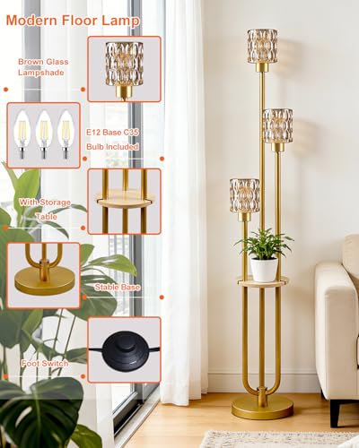 62IN Gold Floor Lamp with Amber Glass Shade 3-Lights Mid-Century Modern Farmhouse Floor Lamps with 3000K Warm White Bulbs, Tall Standing Lamp 5Lbs Heavy Base for Living Room/Bedroom/Corner - color: 3 Amber Cylinder -Gold