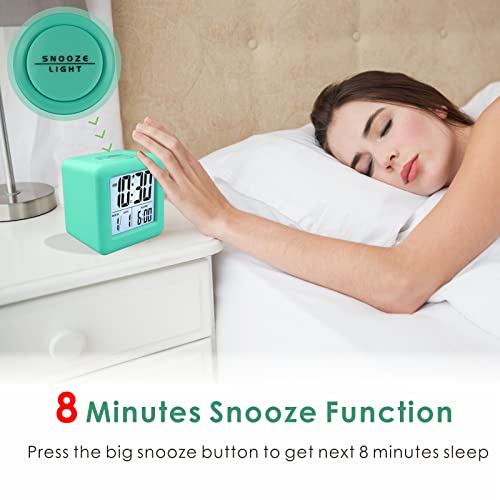 Plumeet Digital Alarm Clock Kids Clock with Snooze and White Nightlight - Easy Setting Travel Alarm Clocks Display Time, Date, Alarm - Ascending Sound - Battery Powered (Cyan) - color: Cyan