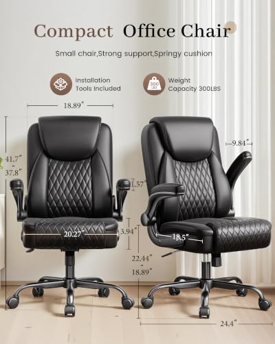 COMHOMA Mid-Back Office Chair, Ergonomic PU Desk Chair with Flip up Arms, Small Computer Gaming with Comfy Lumbar Support,Rocking Function,Sturdy Metal Base, Black - color: Black