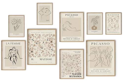 Beige Eclectic Wall Art Poster Prints,Set of 9 Boho Wall Decor for Dorm Bedroom,Gallery Wall Art for Teens Boys Girls, Maximalist Gallery Posters Wall Decorations - color: Boho