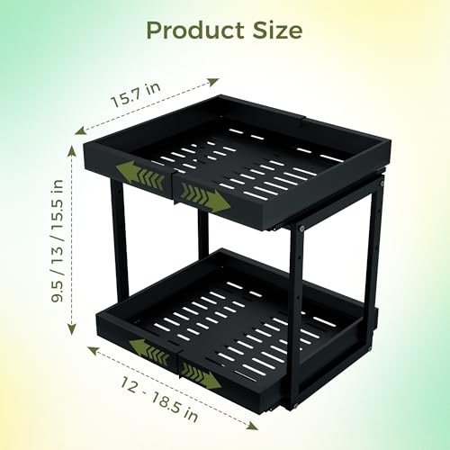 Abalter Expandable Pull Out Cabinet Organizer,2-Tier Slide Out Drawer for Kitchen Cabinets,Adjustable Width 12–18.5",Slide Out Shelves for Kitchen Countertop, Bathroom, Pantry, Heavy Duty Caddy(Black) - color: Black, size: 15.7"D×12"-18.5"W