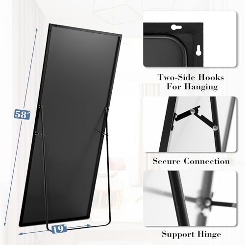 NEWBULIG Full Length Floor Mirror 58"x19", Body Standing Mirror | Wall Hanging or Leaning, Shatter-Proof Glass, Aluminum Alloy Frame with Stand, Home Decor Bedroom, Black - color: Black-rect, size: 58"L x 19"W