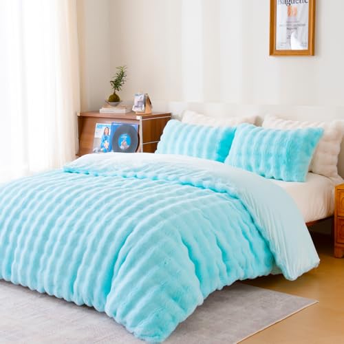 Fluffy Blue Duvet Cover Queen Set, Soft Shaggy Plush Rabbit Bedding Set 3 Pieces (1 Fuzzy Comforter Cover + 2 Faux Fur Pillow Cases) Zipper Closure（Blue, Queen） - color: Blue, size: Queen