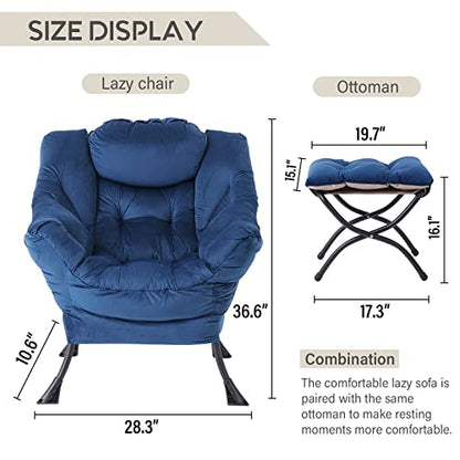 Lazy Chair with Ottoman, Comfy Accent Reading Chair, Velvet RoyalBlue | Foldable Footrest,Removable Cover,with Armrests and Side Pockets,Upholstered Lounge Chair for Bedroom,Dorm,Office,Small Space - color: Velvet Royalblue