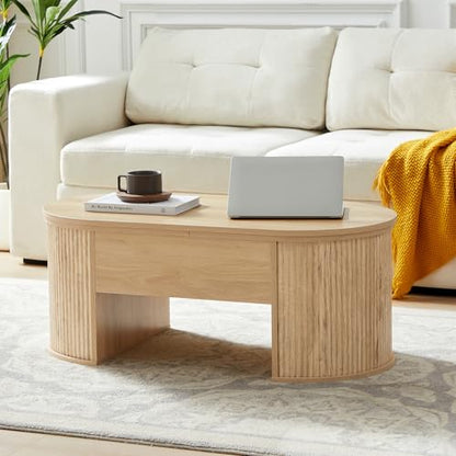 QHITTY Fluted Coffee Table with Lifting Top, Oval Wood Lift Top Coffee Table with Hidden Compartment, Mid Century Pull up Center Tables for Living Room, Office - Natural - color: Round Table-natural