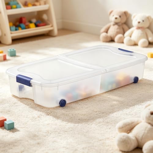 66 Quart Clear Plastic Underbed Storage Bin with Blue Lid
