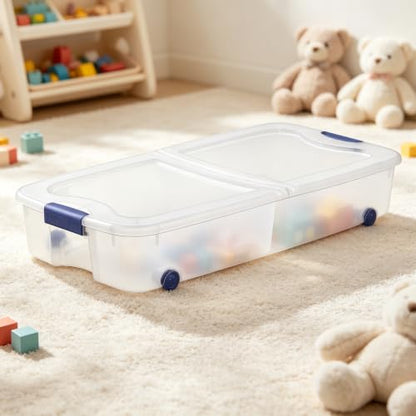 66 Quart Clear Plastic Underbed Storage Bin with Blue Lid