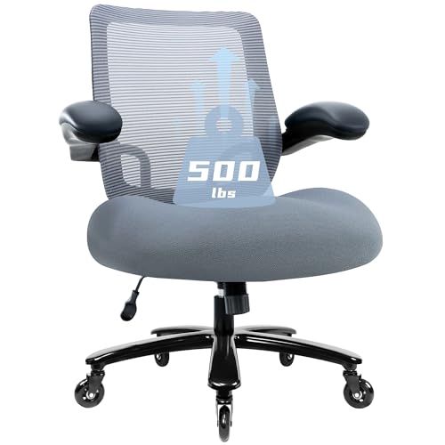Kassipo Big and Tall Office Chair with Flip-Up Armrests, Grey | 500LBS Capacity, Spring-Reinforced Memory Foam Seat & Heavy-Duty Base - color: Grey