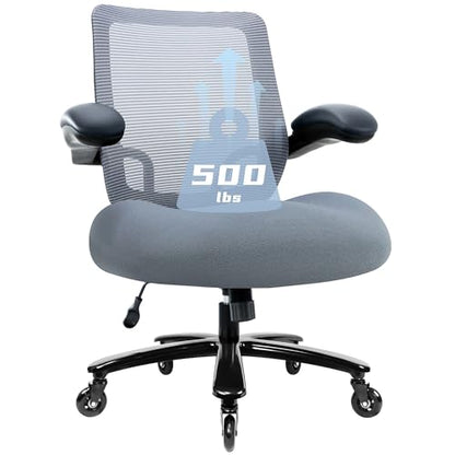 Kassipo Big and Tall Office Chair with Flip-Up Armrests, Grey | 500LBS Capacity, Spring-Reinforced Memory Foam Seat & Heavy-Duty Base - color: Grey