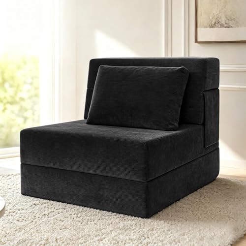 Folding Sofa Bed, Convertible Sleeper Chair with Pillow, Fold Out Chair Bed, Memory Foam Floor Couch Bed, Foldable Futon Couch Lounge for Living Room (Black-Corduroy, Single) - color: Black-corduroy, size: Single