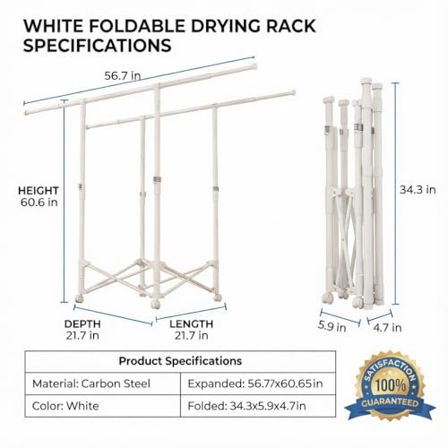 Clothes Drying Rack, Double Rod Extendable 33.1–56.7 Inches, No Assembly & Foldable Clothing Rack for Hanging Clothes with Wheels, for Indoor Outdoor Laundry Room Organization, White