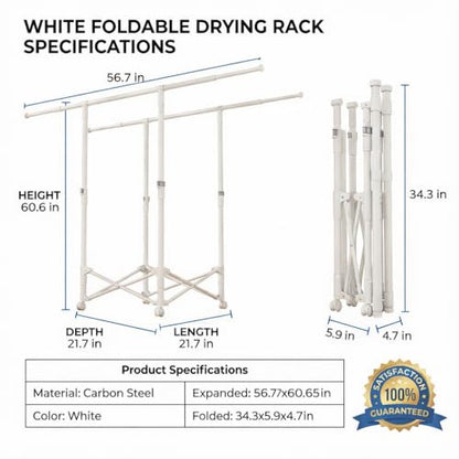 Clothes Drying Rack, Double Rod Extendable 33.1–56.7 Inches, No Assembly & Foldable Clothing Rack for Hanging Clothes with Wheels, for Indoor Outdoor Laundry Room Organization, White