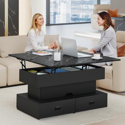 Turosur 40" Lift Top Coffee Table, LED Coffee Tables with Storage and 4 Drawers, Coffee Table with Lifting top for Living Room Home Office, Black - color: Black