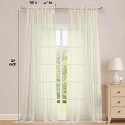 Sheer Cream Curtains 108 Inches Long for Living Room Bedroom 2 Panels Set, Lightweight Airy Cream Sheer Curtain, Filmy Voile Rod Pocket, 2 PCS, Each 59" W x 108" L - color: Cream, size: 59"W x 108"L (Pack of 2)