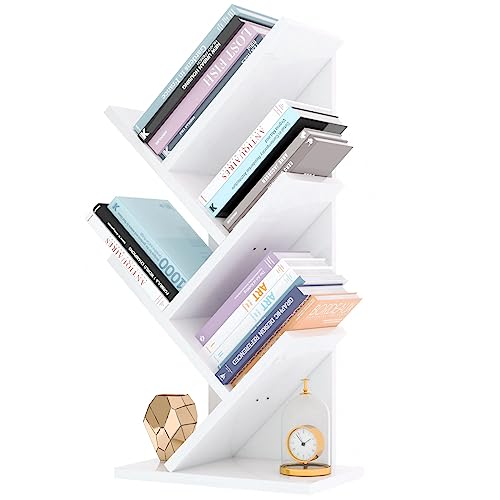 YMYNY 4 Tier Tree Bookshelf, Small Bookcase, Modern Wood Book Storage Rack, Freestanding Book Shelf for Books/Movies/CDs, Narrow Display Rack for Living Room, Home Office, White UHBC014W - color: White, size: 23.62" | 4-Tier