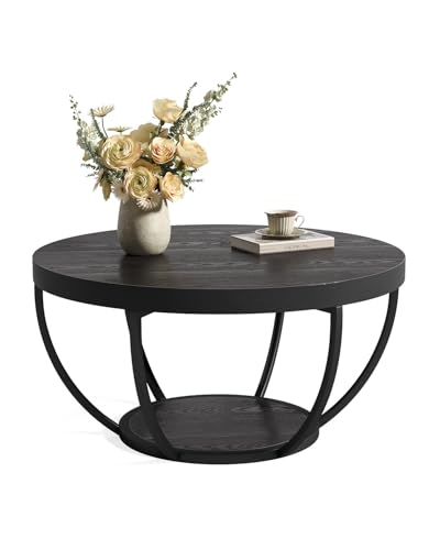 LITTLE TREE Round Coffee Table, 32" Circle Coffee Table for Living Room | 2-Tier Wood Accent Center Table with Open Storage Industrial Design Home Furniture (Black) - color: Black