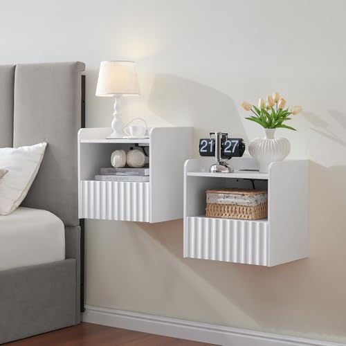BuildHom Modern Fluted Floating Nightstand Wall Mounted Set of 2- Bedside Table with Storage Drawer & Display Shelf, Minimalist Bedroom Furniture for Studio Apartments (Matte White) - color: Matte White, size: Set of 2