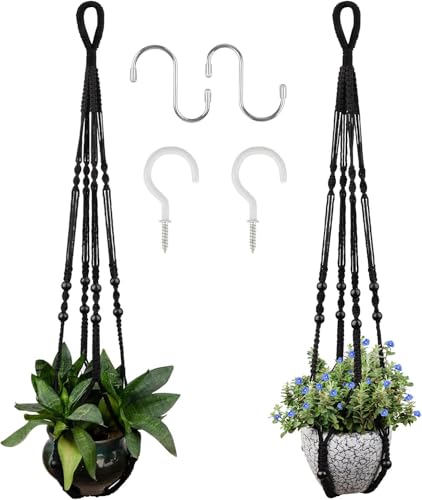 RIFNY Macrame Plant Hanger for 5 to 10 Inch Plant Pots, 35 Inch Woven Rope Hanger Kits with Hooks and Wood Beads, Hanging Planter Basket for Indoor Boho Home Decor (Black, 2 Pack) | 35 Inch Hanging Planter with Hooks, Fits 5-10" Pots, Suitable for Ceiling