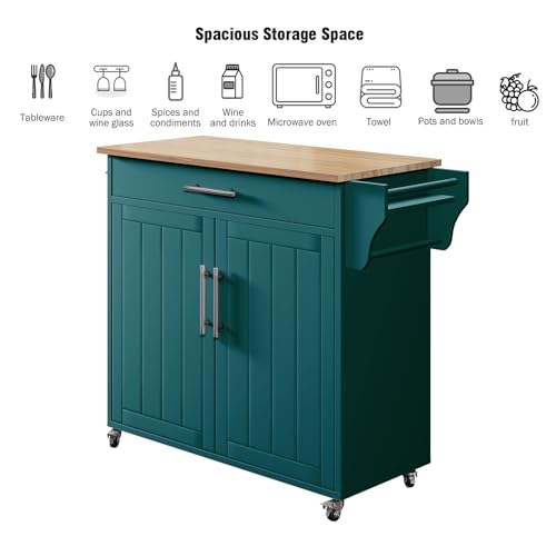 Kitchen Storage Island, Wooden Rolling Island On Wheels with Wood Top, Mobile Kitchen Island Cart with Towel Rack, Spice Rack and Drawers, Green - color: Green