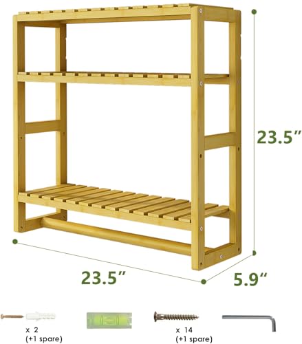 Galood Over The Toilet Storage Bathroom Shelves Wall Mounted Yellow | 3 Tier Space Saver Corner Shelf Organizer Bamboo Towel Rack Toilet Paper Cabinet with Hanging Rod - color: Yellow 1pack, size: Large