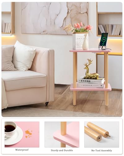 FORAOFUR Pink Side Table with Charging Station, Small Side Table Living Room with 2 USB Ports and Outlets, End Tables for Small Spaces in Living Room, Bedroom & Nursery, 2 Tier Nightstand - color: Pink