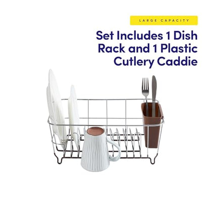 Dish Drying Rack & Cutlery Holder 2 Piece Set - Compact Sink-Fitting Dish Drainer with Rubberized Undercoating, Space-Saving Kitchen Organizer for Plates, Cups, Bowls & Utensils in Sink, Bronze Brown - color: Bronze