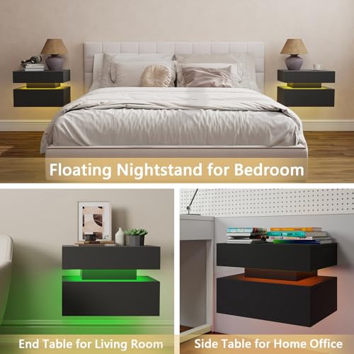 Floating Nightstand Set of 2,Modern Bedside Tables with LED Light for Bedroom,Small Night Stands with Drawers, Wall Mounted End SideTables Set for Living Room - color: Black