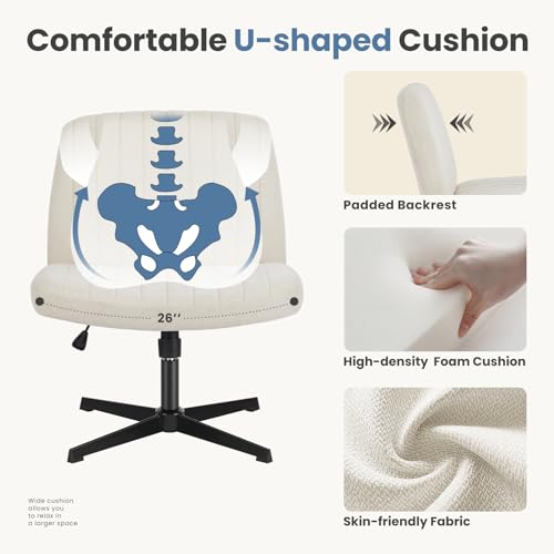 DUMOS Criss Cross Chair No Wheel Legged Office Wide Comfy Desk Vanity Chair, Armless Computer Task Seating Comfy Fabric, Swivel Home Height Adjustable for Bedroom, Study, Beige No Wheel - color: Beige No Wheel