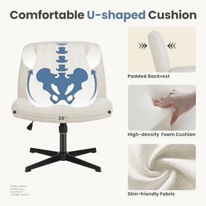 DUMOS Criss Cross Chair No Wheels Legged Office Wide Comfy Desk Vanity Chair, Armless Computer Task Seating, Swivel Home Height Adjustable for Bedroom, Study, Beige Fabric - color: Beige Fabric