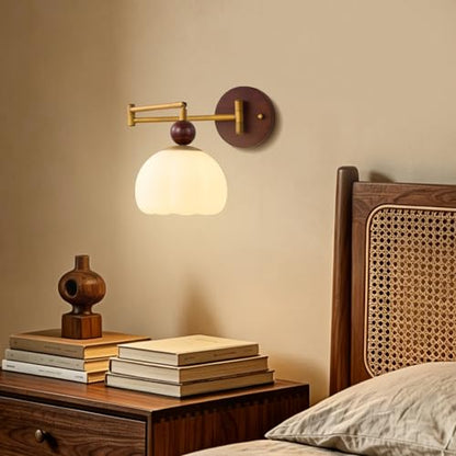 Swing Arm Wall Sconce, Hardwired Mid Century Modern Adjustable Sconce with Gold Metal Swing and Flower Shade, Retro Farmhouse Wall Mount Light for Bedroom Bedside Reading Living Room Hallway