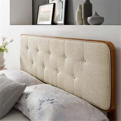 Pemberly Row Tufted Queen Headboard, 48 in x 62.5 in, Walnut Finish, Fabric Upholstery, Dense Foam Padding, Button Tufted, Rubberwood and MDF Construction, Modern Bedroom Furniture - color: Walnut and Beige, size: Queen