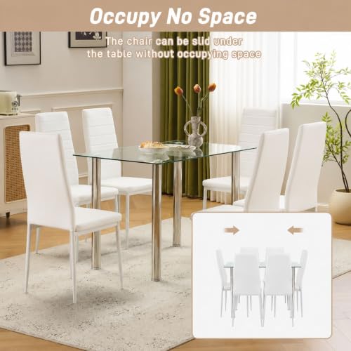 Karl home White Dining Chairs Set of 6, PU Leather & High Back | Kitchen chairs with padded seats & foot cap protection for dining kitchen living room,300lbs capacity,space-saving - color: White, size: Set of 6