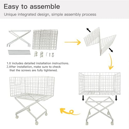 Rolling Laundry Basket with Wheels, 27" Elevated 80L Cart White | Durable metal cart with 360° swivel wheels glides smoothly, while the 27" elevated design reduces bending