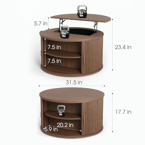 JOINICE Round Lift Top Coffee Table with Storage for Living Room,Walnut | 31.5" Drum Design,Hidden Storage&Open Shelf,Modern Fluted Center Table for Small Apartments,Easy Assembly,Up to 150 lbs - color: Walnut_round (Lift Top)