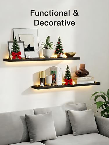 Amada Paulownia Wood Floating Shelves for Wall, Set of 4, Black | Wall Shelves with Solid Metal Concealed Brackets, 22 lbs Capacity per Shelf, Includes Drilling Template, Flexible 4-Piece Set - color: Black, size: 4