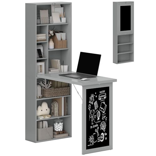 HOMCOM Foldable Desk Wall Mounted Convertible Table for Small Spaces, Gray | Wall Mounted, Space-Saving, Chalkboard, Storage Shelves, for Small Spaces, Home Office, Bedroom, Dorm, Apartment - color: Charcoal Gray