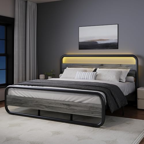 King Size Bed Frame, Wood Headboard and Footboard, LED Lights, Grey | Metal Platform with Heavy Duty Metal Slats Support/12 in Under-Bed Storage/Noise-Free/No Box Spring Needed/Easy Assembly - color: Wash Gray, size: King (U.S. Standard)